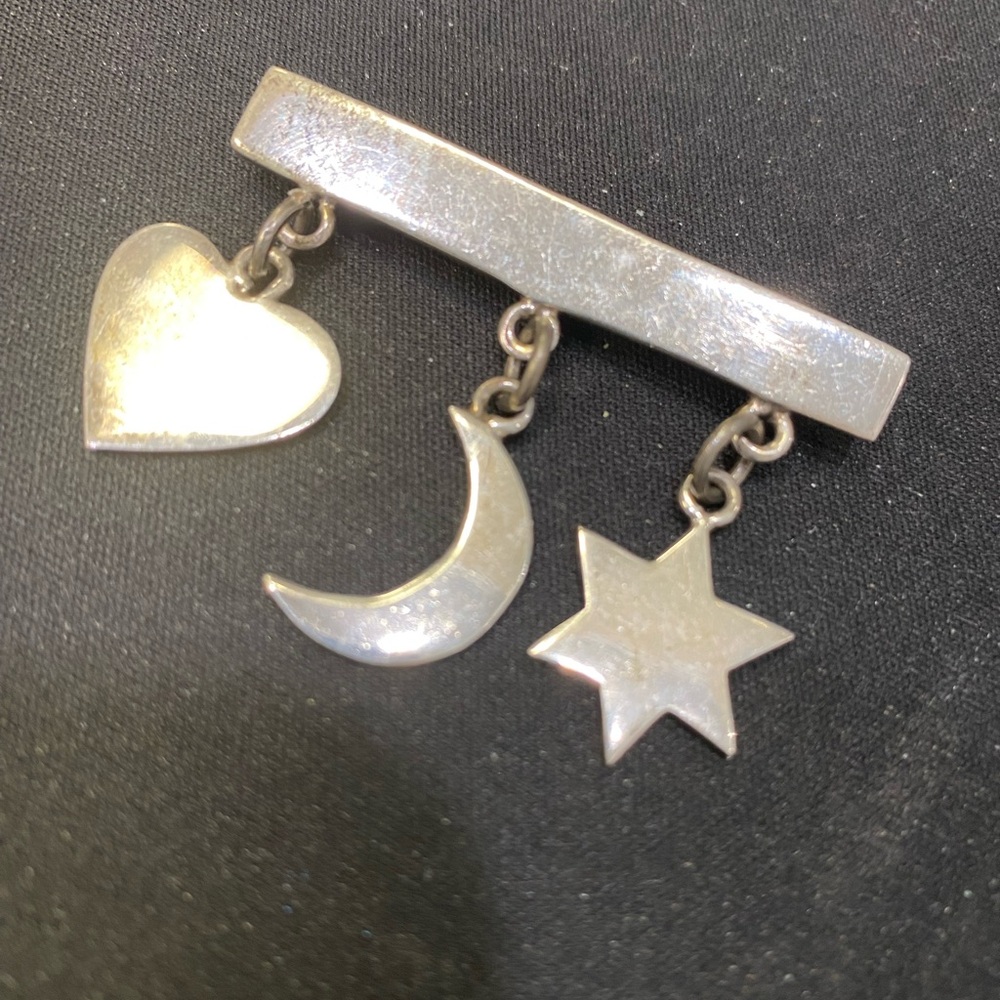 Vintage Mexico TH-64 Sterling Heart Moon Star Brooch Pin